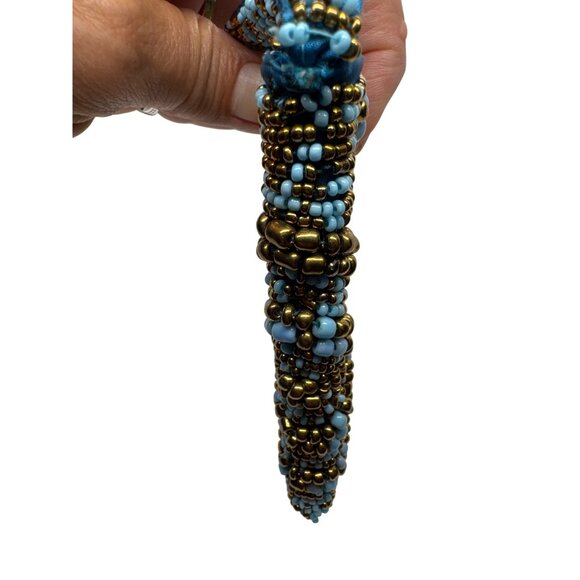 Hand Beaded Clutch Purse Blue Gold Beaded Evening Bag Beaded Intricate Design - Picture 7 of 10